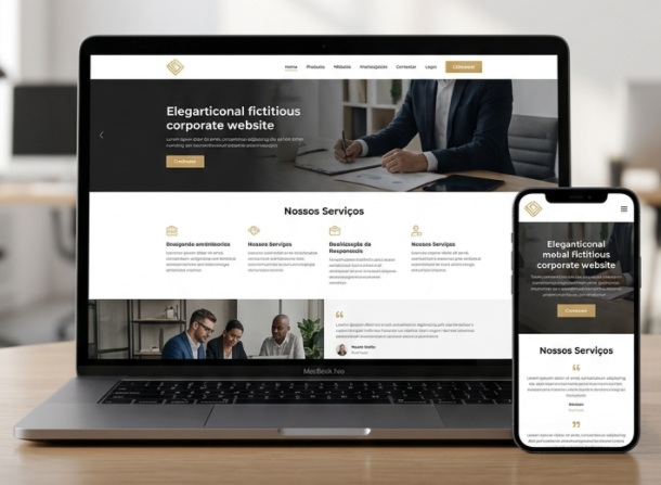 Mockup de website profissional apresentado em computador e telemóvel