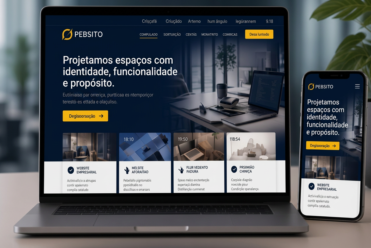 Mockup de website profissional apresentado em computador e telemóvel